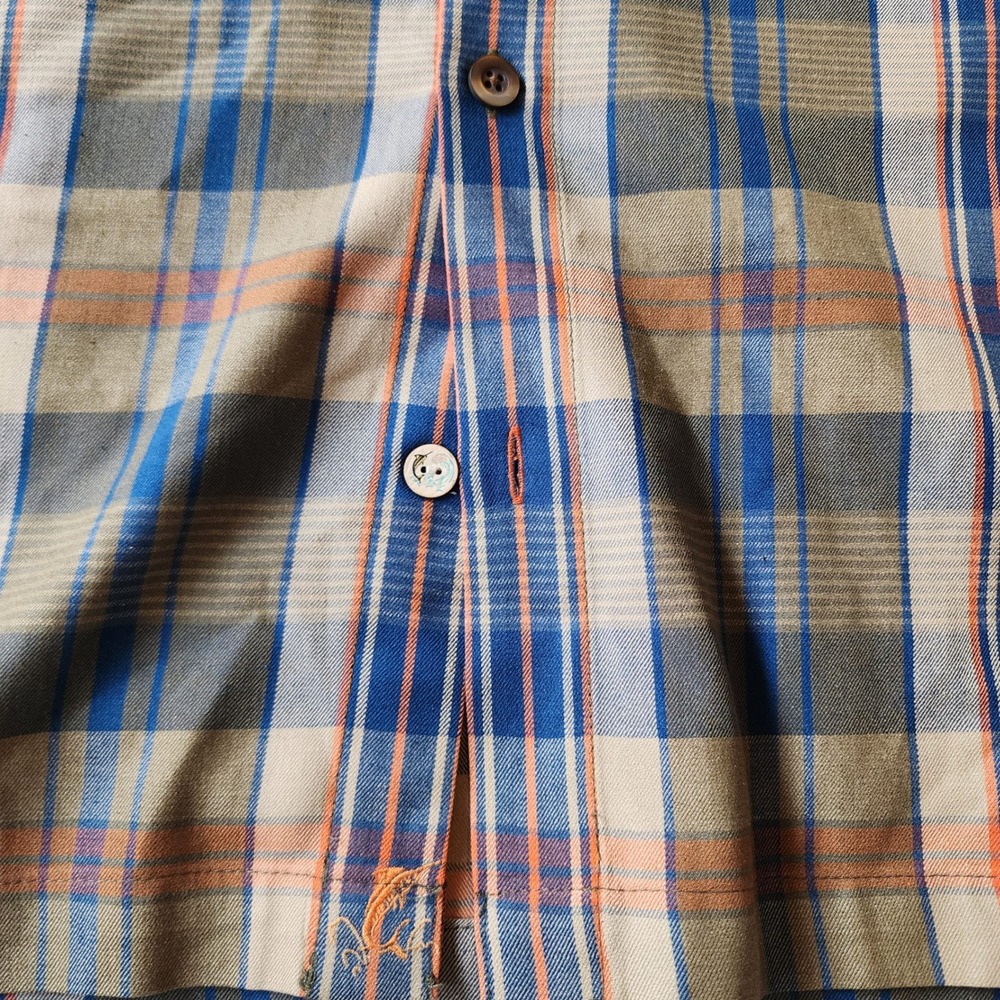 Tommy Bahama Mens 100% Silk Plaid Short Sleeve Button Down Shirt Blue Tan Orange - Picture 7 of 8